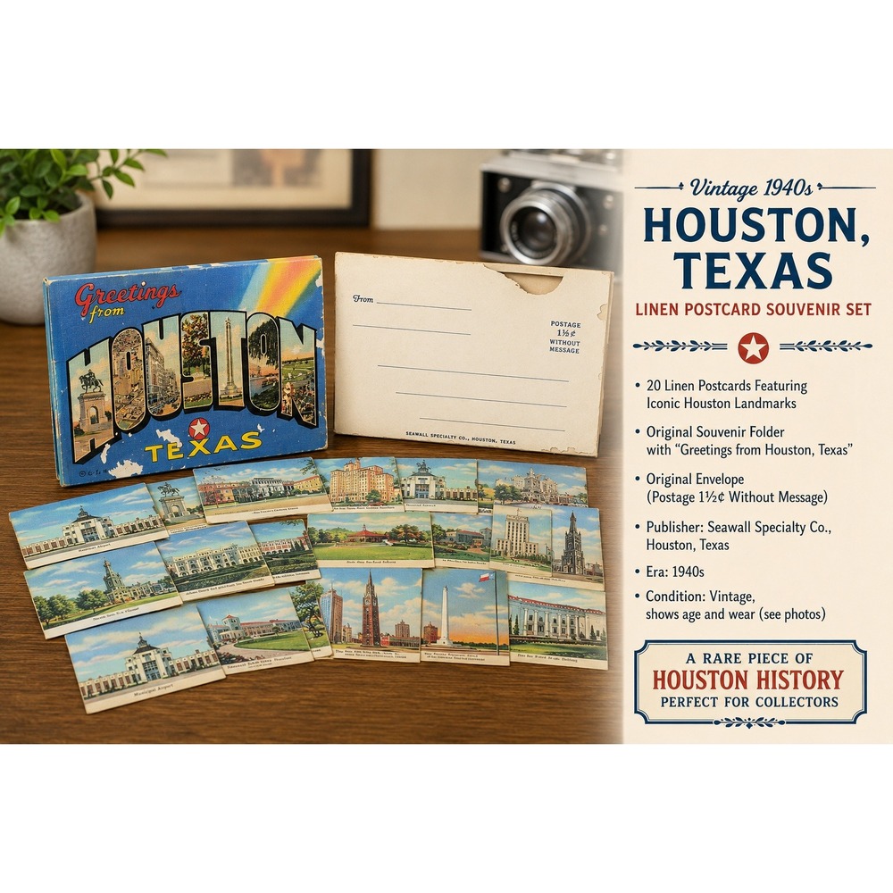 Vintage Houston Texas 20 Souvenir Views Linen Postcard Folder C.T. Art-Colortone